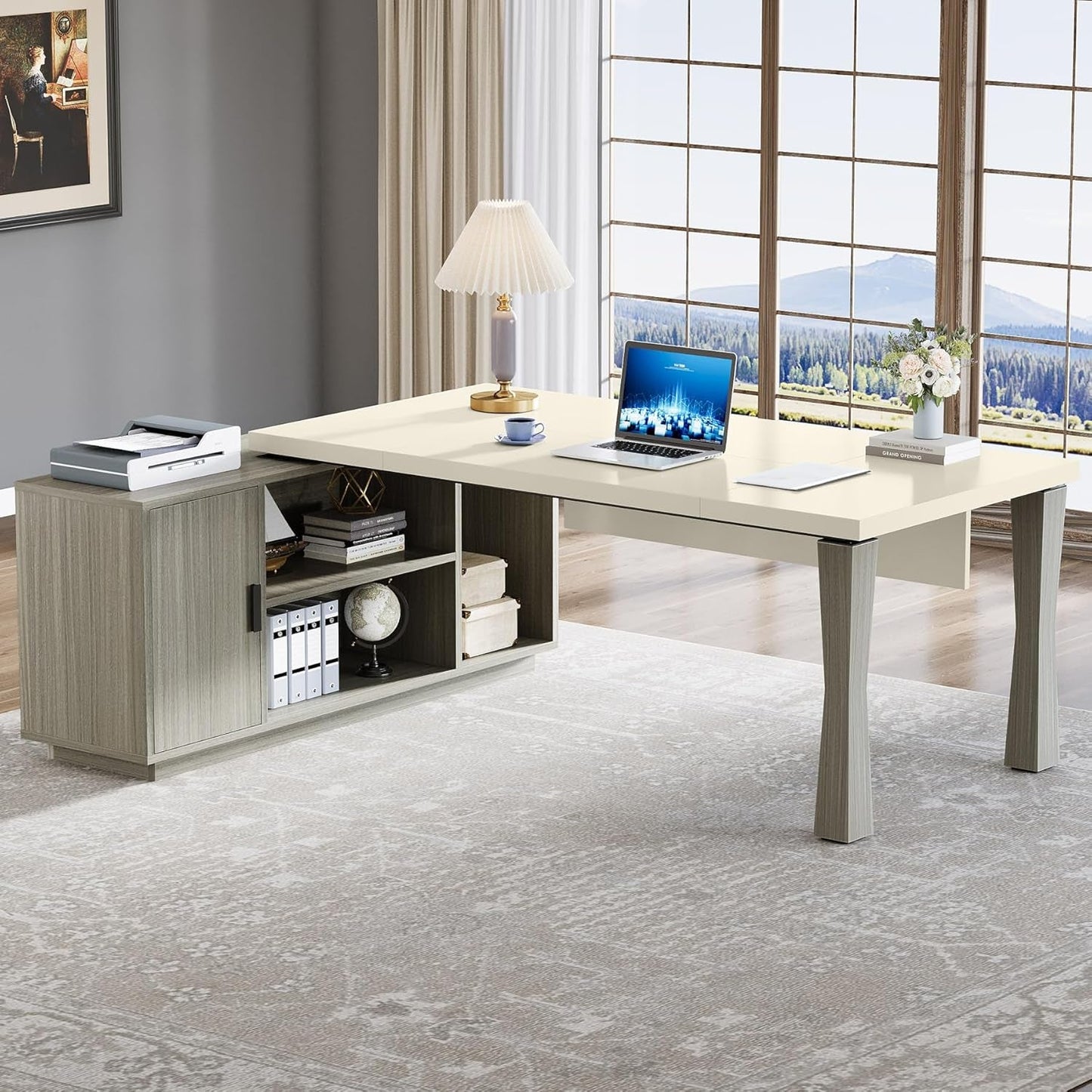 78.7-Inch Executive Desk, L-Shaped Desk with Cabinet, Large Office Desk with Storage Shelves, Writing Table Desk Business Furniture Set for Home Office, Gray and Cream White-2