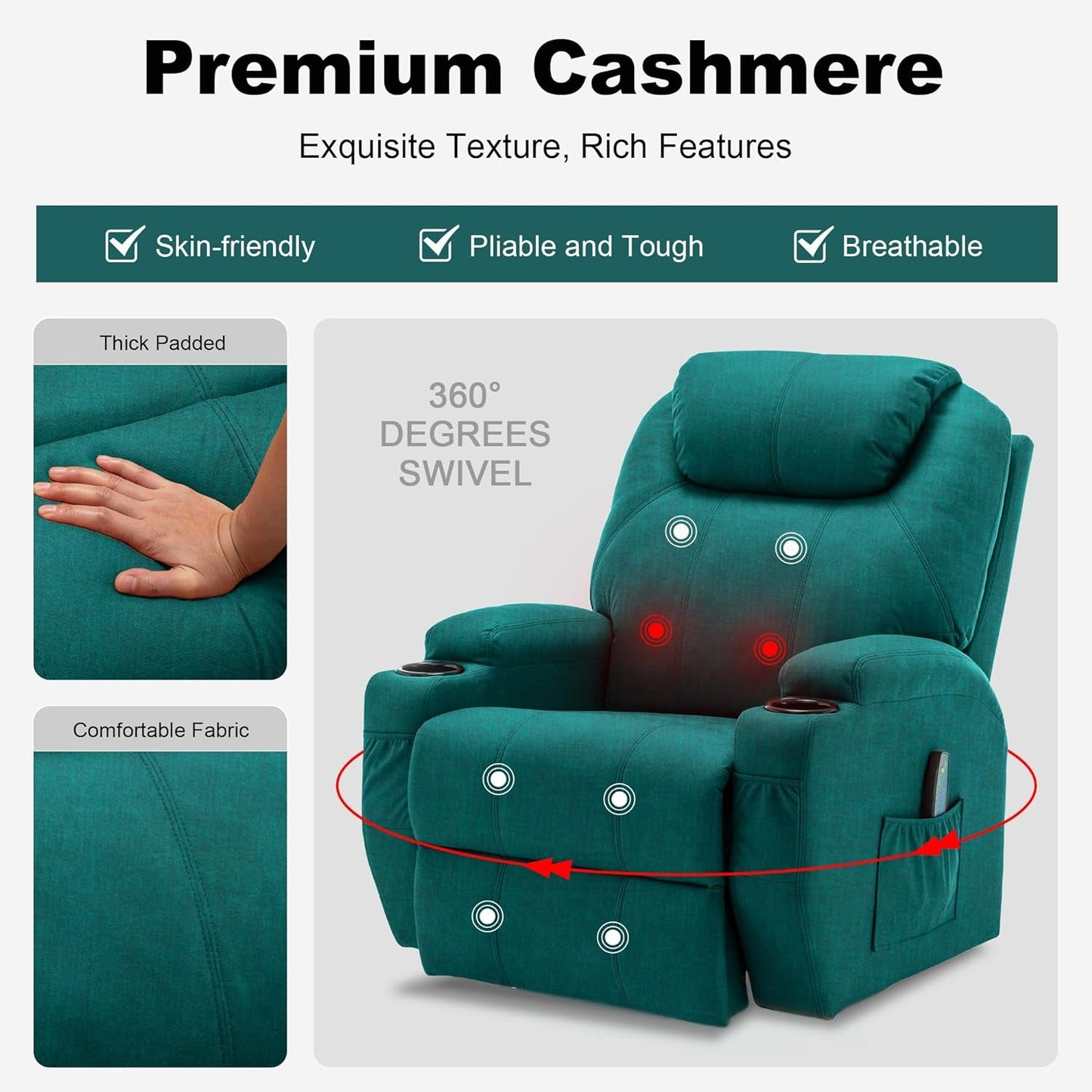 Recliner Chair, Rocking Recliner Chair for Adults with Massage and Heat, Swivel Rocker Recliner Chair with Remote and Cup Holder, Cashmere Manual Recliner for Nursery, Living Room, Green-2