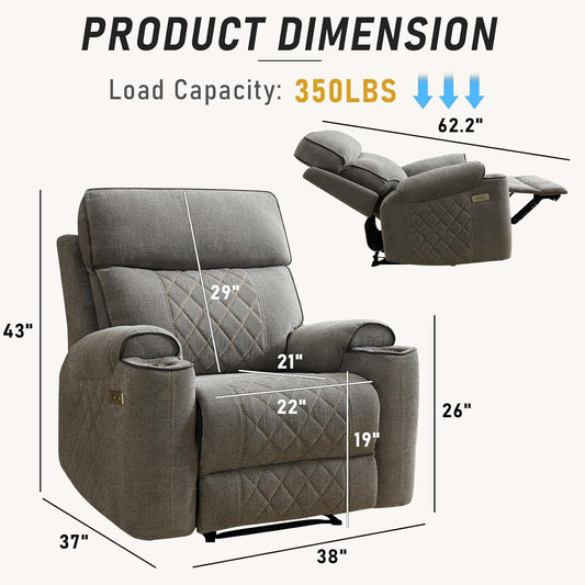 Electric Recliner Chair, Soft Fabric Power Recliners with Metal Cup Holders, Single Overstuffed Heavy Duty Reclining Sofa Chairs for Living Room Bedroom-1