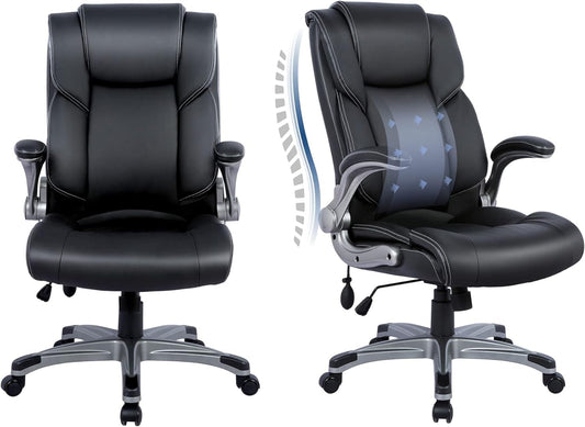 Black Leather Office Chairs, High Back, Flip-Up Arms, 2-Pack-1