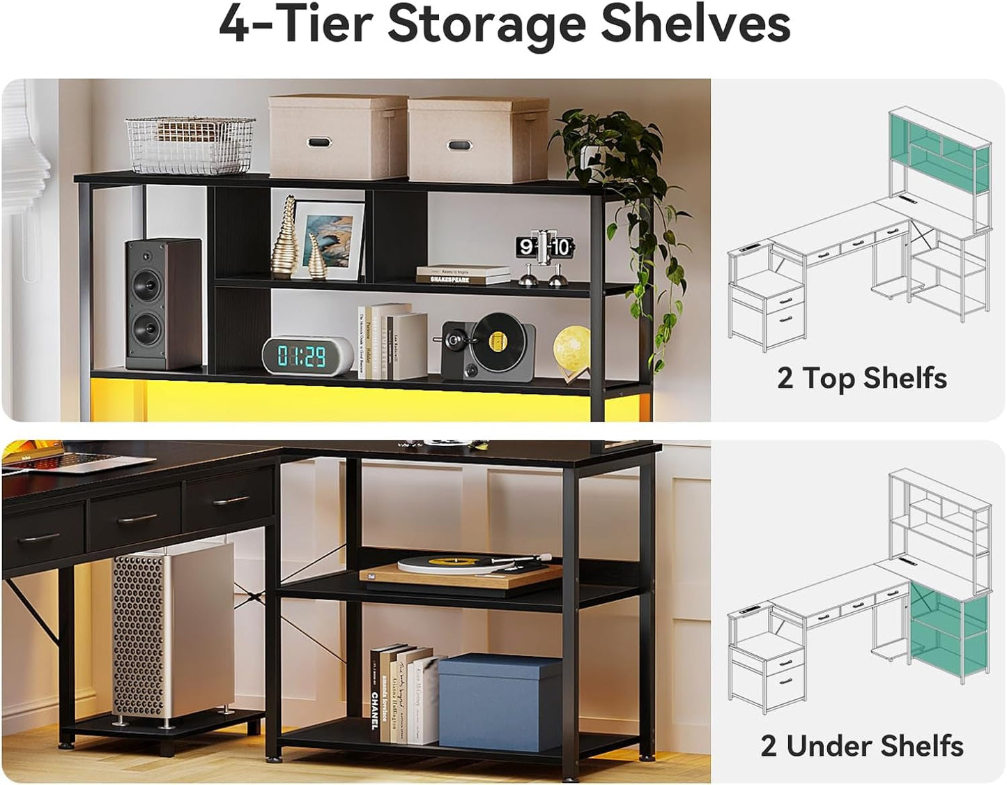 79 Inch L Shaped Desk with File Drawers, Reversible L Shaped Gaming Desk with Power Outlets & LED Lights, Computer Desk with Storage Shelves for Home Office, Black-4