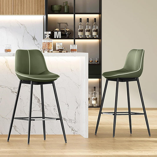 Green Leather Bar Stools with Back (Set 2)-1