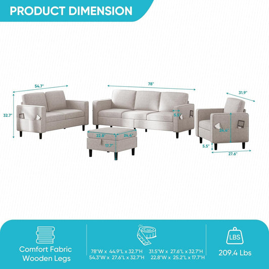 6 Seaters Sectional Upholstered Sofa, Linen Fabric Sofa Couch with Side Pockets, Free Combination Sofa Set with Movable Storage Ottoman, for Living Room-Sofa&Loveseat&Chair&Ottoman,Beige-1