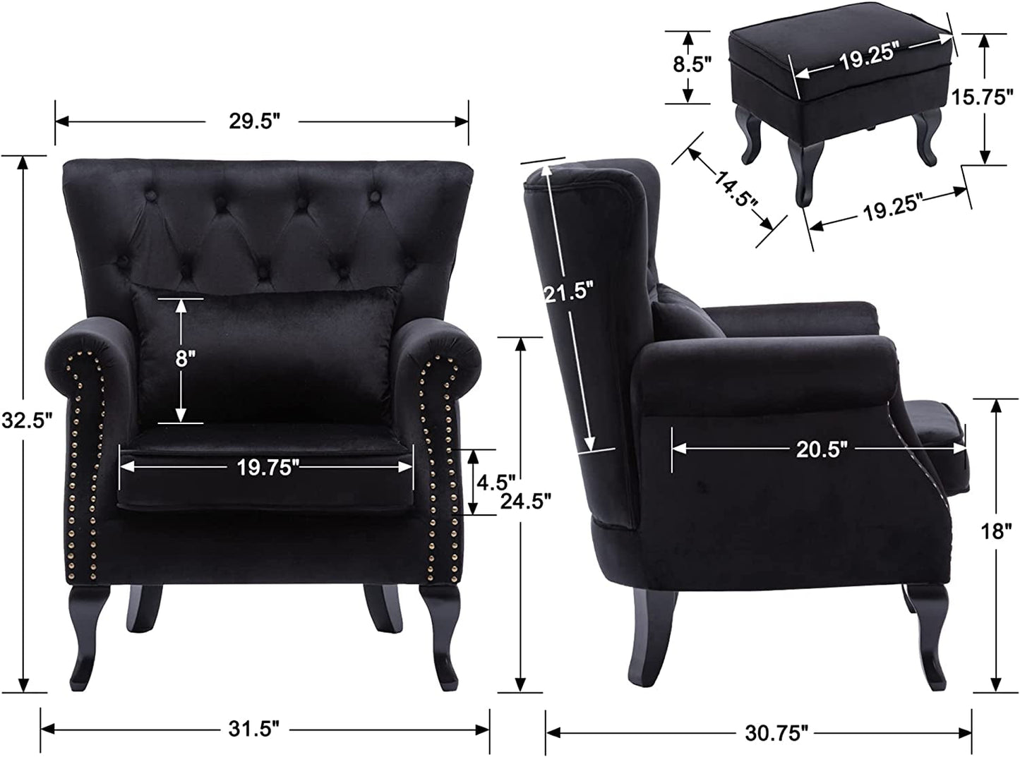 Black Velvet Wingback Chair with Ottoman Set-2