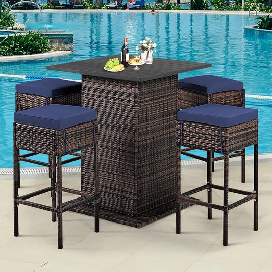 5-Piece Outdoor Bar Set, Wicker Rattan Bar Height Patio Set W/4 Cushion Bar Stools & Table with Hidden Storage, 5PCS Outdoor High Top Table and Chairs Set for Backyard Poolside (Navy Blue)-1