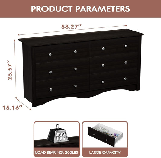 Dresser with 6 Drawer, Wood Wide Chest Storage Organizer and TV Stand for Living Room, Hallway, Dormitory, Brown-1