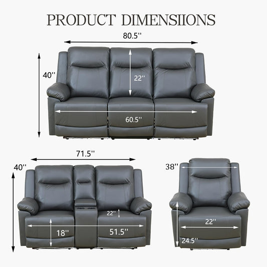 Power Leather Recliner Sofa Set with LED Lights,Living Room Furniture Set, Leather Sofa Set with USB Port/Storage Console/Cup Holders(Recliner Sofa Set) Dark Grey-1