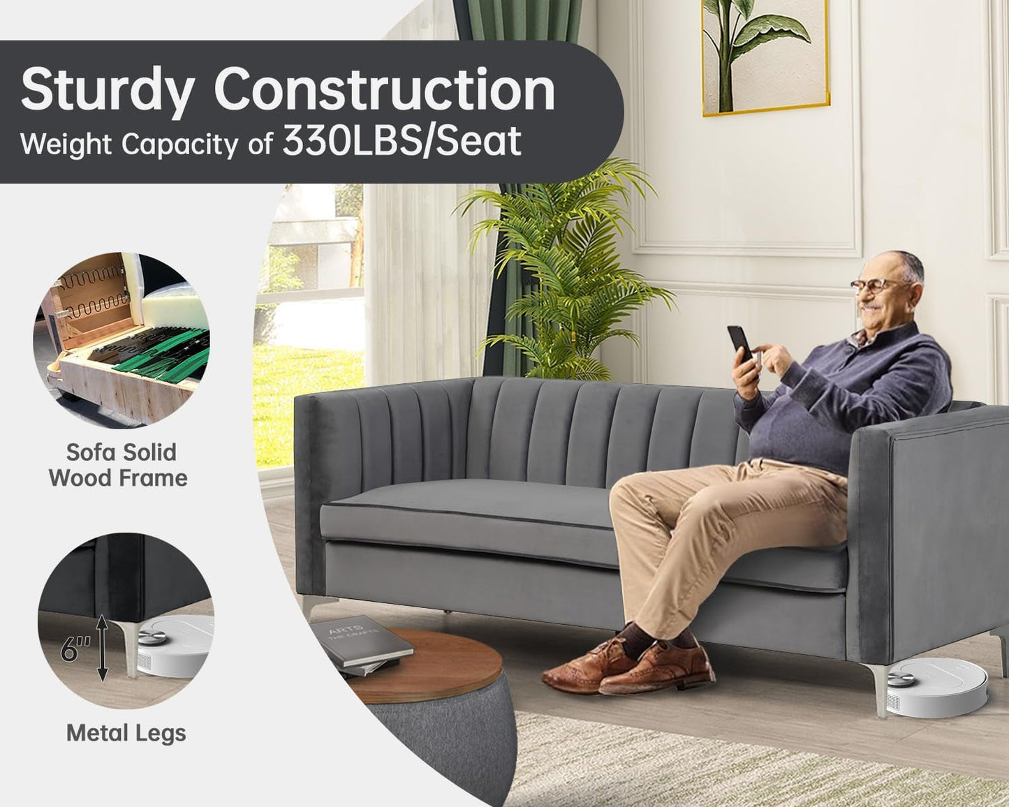 Velvet Accent Chair Loveseat Contemporary Sofa Home Theater Seating Upholstered Accent Arm Modern Chesterfield Sofa Furniture Couch Set for Living Room Office Bedroom Apartment, Grey-3