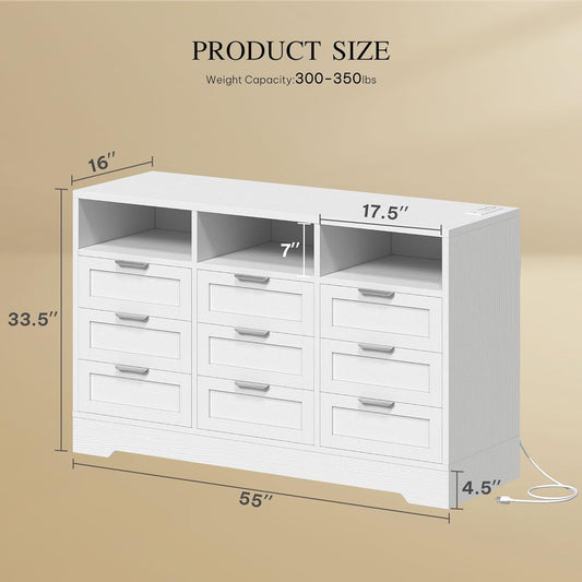 9 Drawer Double Dresser with LED Ligh, Modern Chests of Drawers with Power Outlet, High White Storage Dresser with Charging Station-White-1