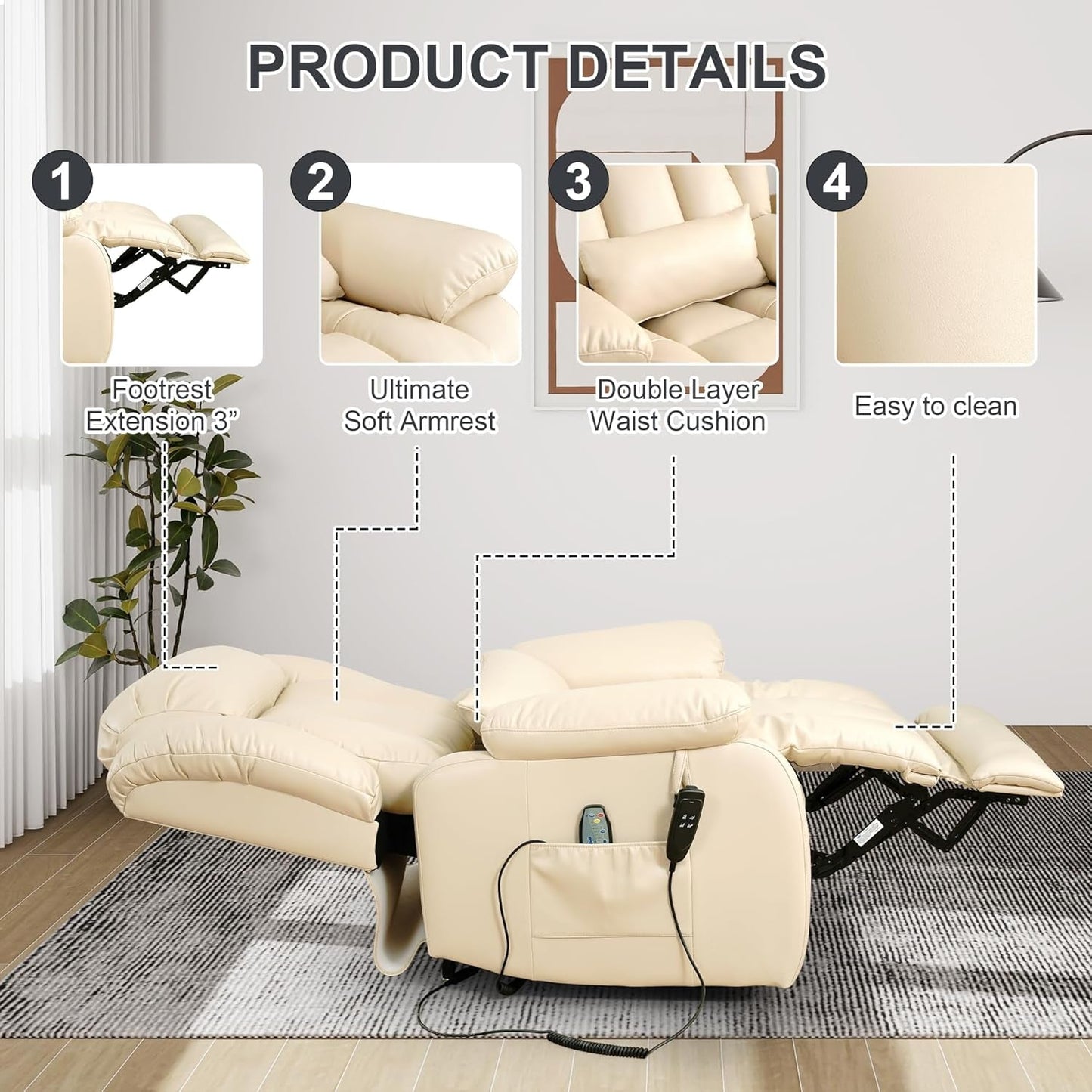 Large Reclining Lift Chair, Dual Motor Massage Chair, Genuine Leather Recliner with Heating and Massage for Seniors, with Double Lumbar Cushion and Extended Footrest, USB Port(Beige)-4