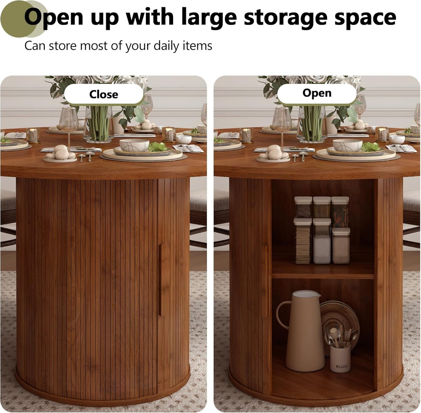 47 Inch round Dining Table for 4, Kitchen Table Dinner Table with 2-Layer Storage Shelf and Wood Slide Door for Home Dining Room Living Room (Walnut)-4