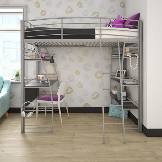Studio Loft Bunk Bed over Desk and Bookcase with Metal Frame, Twin, Gray Gray-1