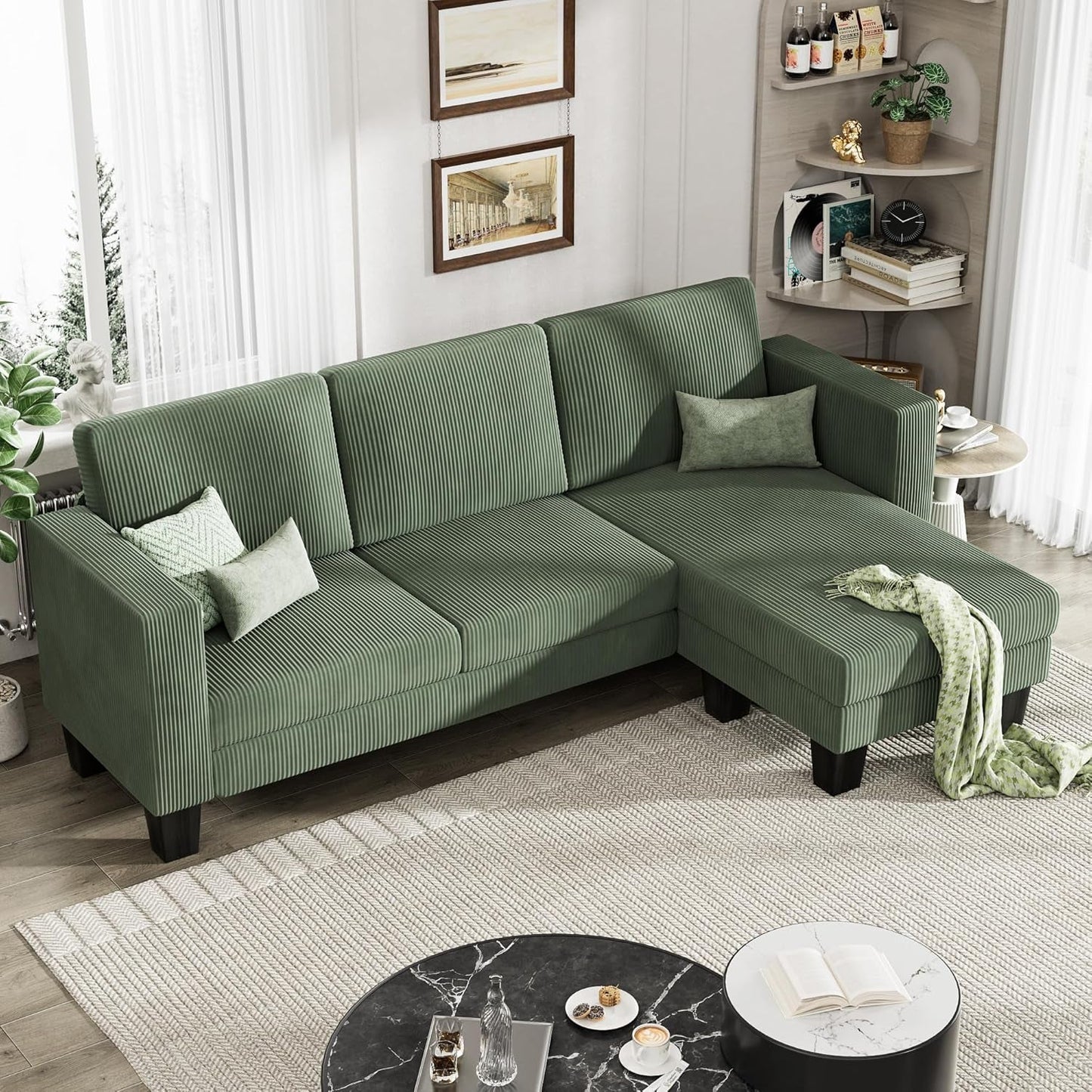 L-Shaped Convertible Sectional Sofa 3 Seater with Corduroy Fabric, Complete with Mobile Footrest, for Living Room, Apartment and Office, 70", Green-0