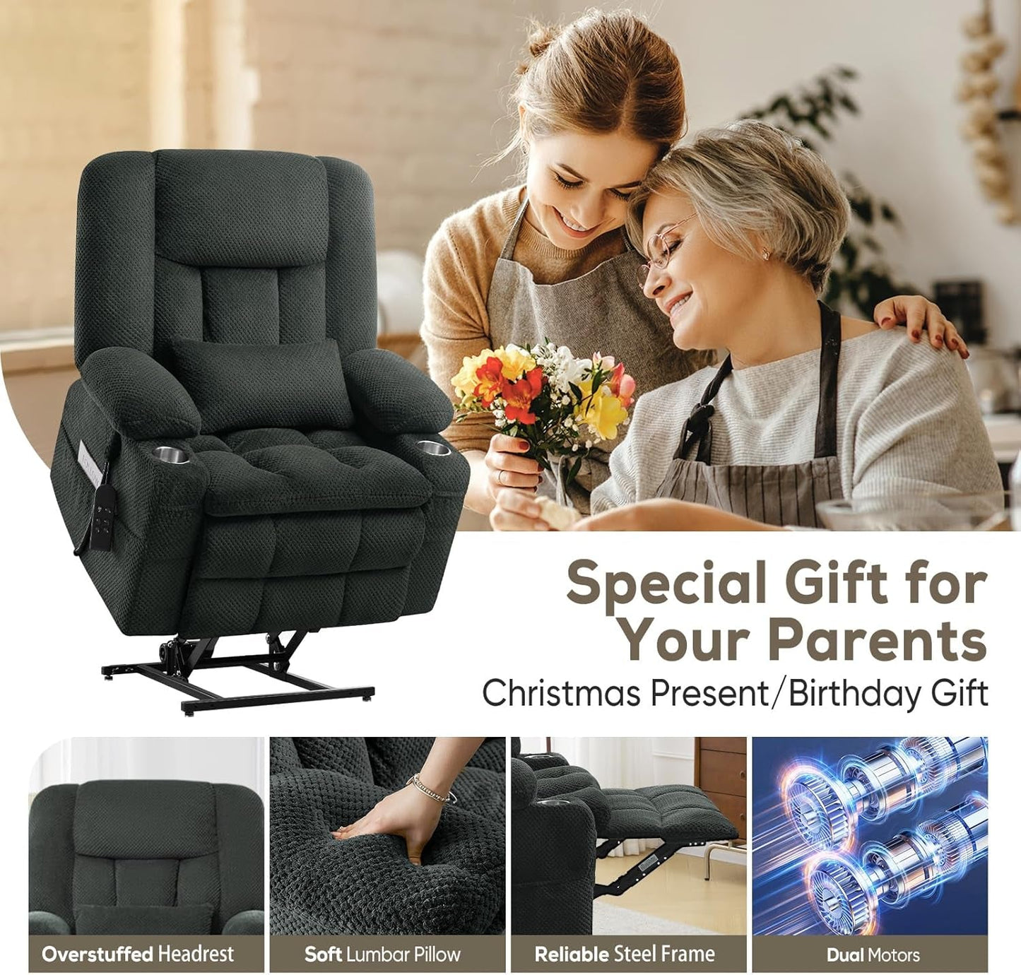 Large Dual Motor Lay Flat Power Lift Recliner Chair, Massage Recliner Chairs with Heat, Lumbar Pillow, USB & Type-C Ports, Oversized Recliner for Big & Elderly People for Living Room - Grey-4