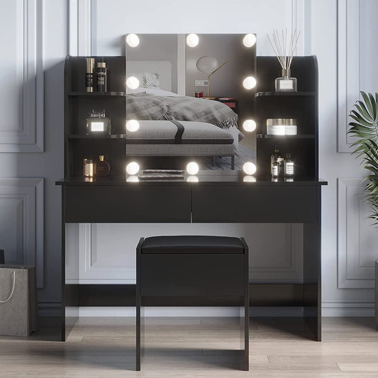 Large Vanity Set with 10 Lights Bulbs, 2 Drawers (Black)-1
