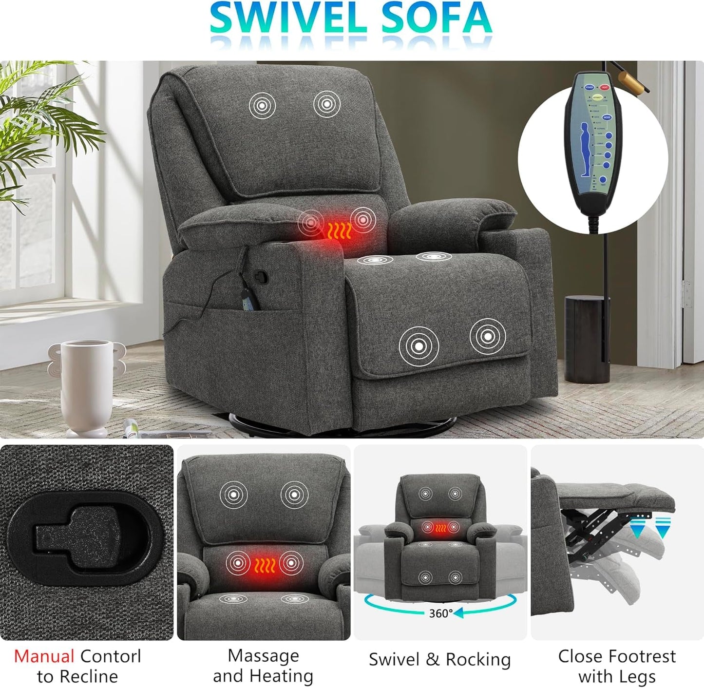 Reclining Living Room Set, 2-Piece Recliner Furniture Sofa, Loveseat Recliner and Swivel Recliner Chair with Cup Houlders for Living Room,Dark Grey-3