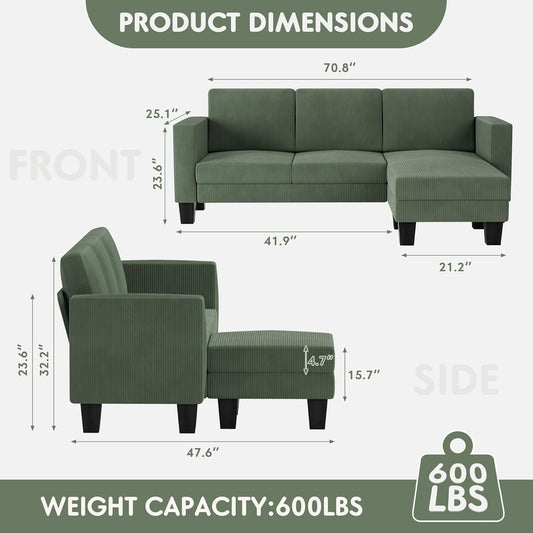 L-Shaped Convertible Sectional Sofa 3 Seater with Corduroy Fabric, Complete with Mobile Footrest, for Living Room, Apartment and Office, 70", Green-1