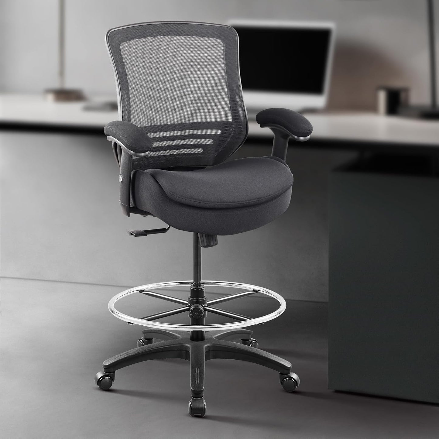 400Lbs Mid Back Mesh Ergonomic Drafting Chair Big Adjustable Foot Ring Height Adjustable Armrest (Black) -4