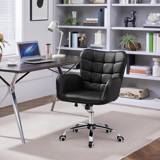 Faux Leather Office Chair Modern Vanity Chair Ergonomic Adjustable Computer Chair with Wide Seat, Padded Armrests for Living Room, Bedroom Black-1