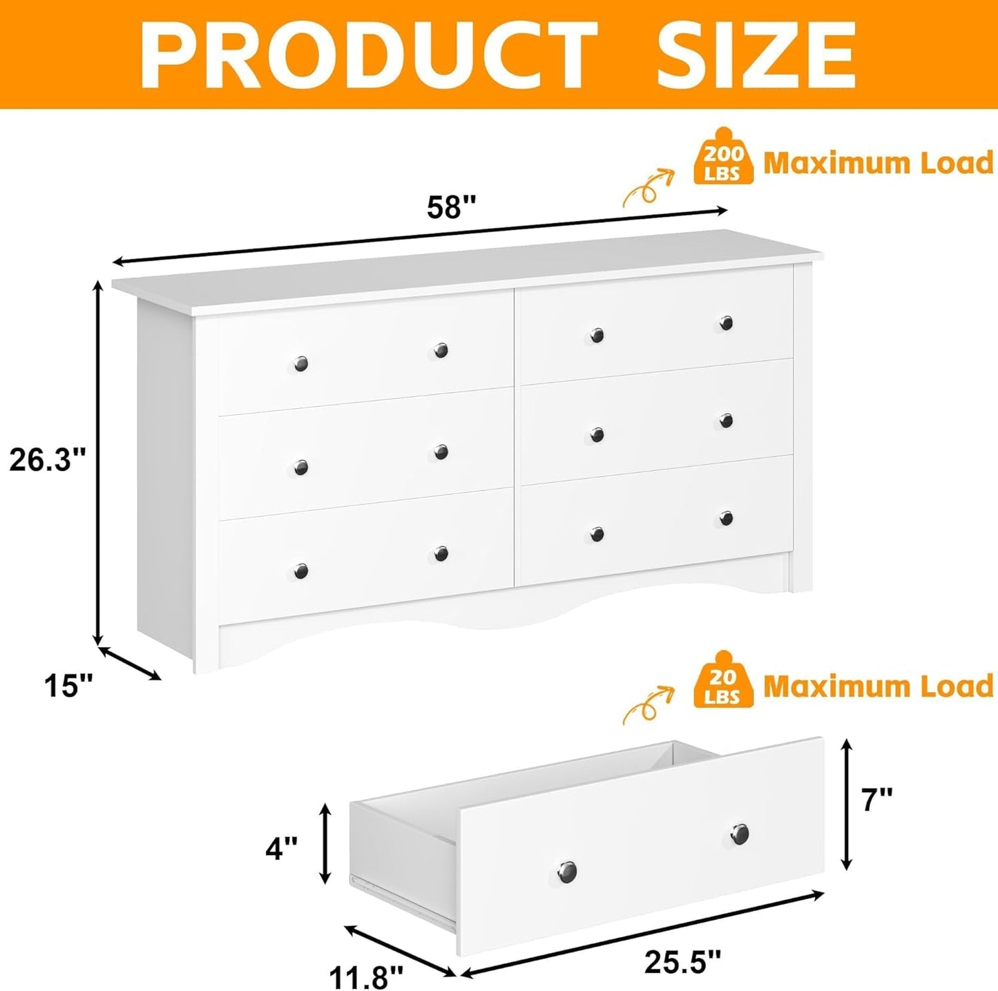 6 Wood Drawers Dresser for Bedroom, Double Dresser for TV up to 65 Inch, TV Stand Storage Chest of Drawers for Living Room Hallway Entryway (White)-2