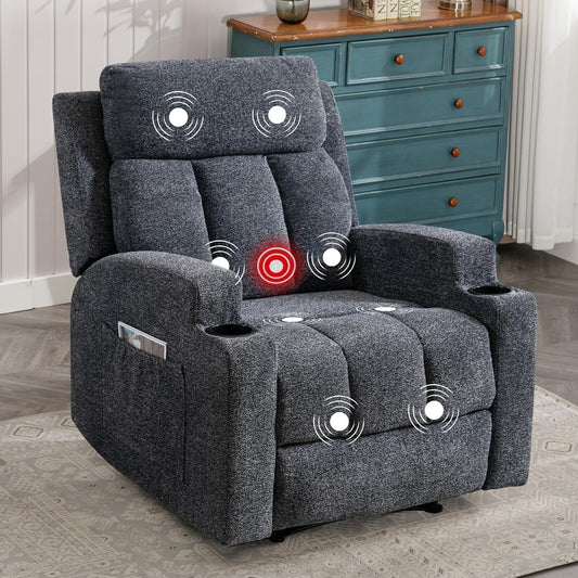 Manual Recliner Chair with Massage and Heat for Living Room Overstuffed Breathable Fabric Reclining Chair with 2 Side Pockets, 2 Cup Holders, Remote Control, Dark Gray-1