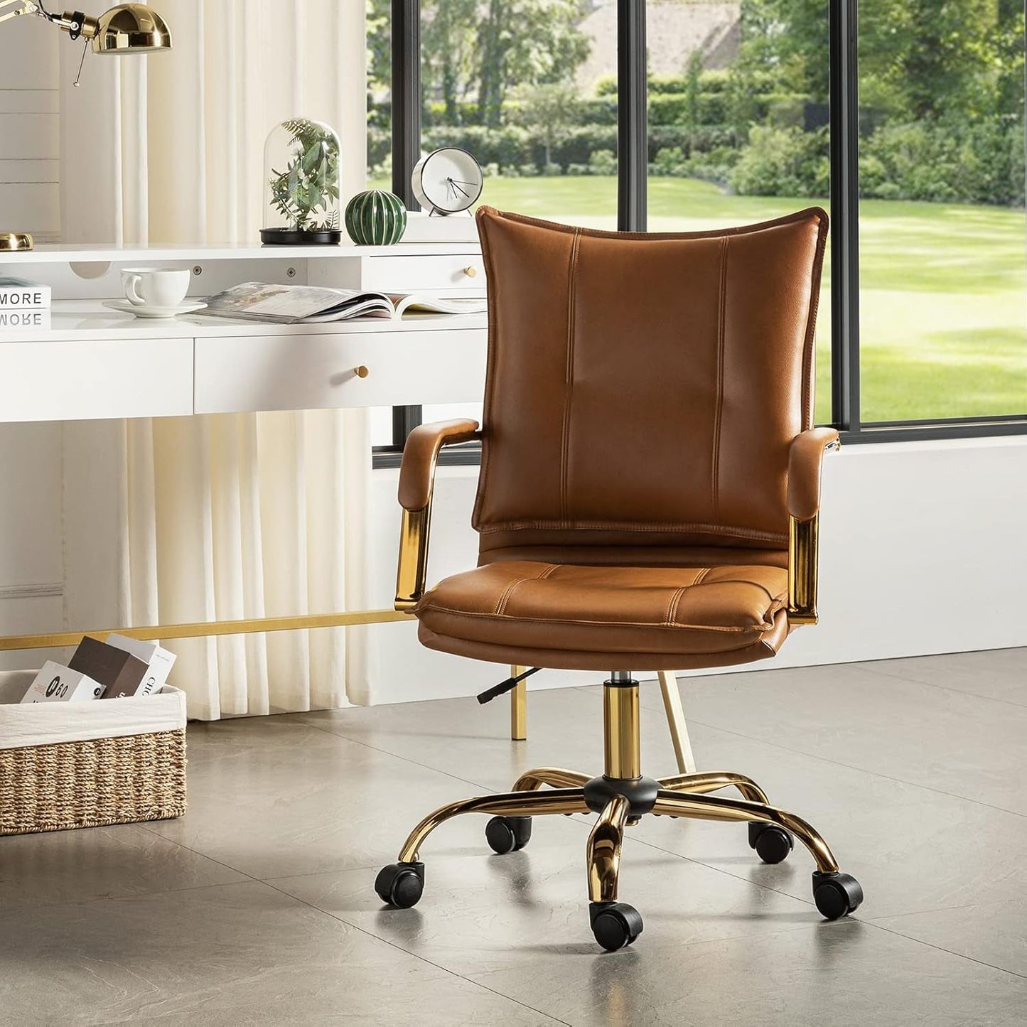 Faux Leather Home Office Desk Chair, Adjustable Swivel Computer Chair with Golden Legs and Arms, Comfy Upholstered Task Chair,Camel-0