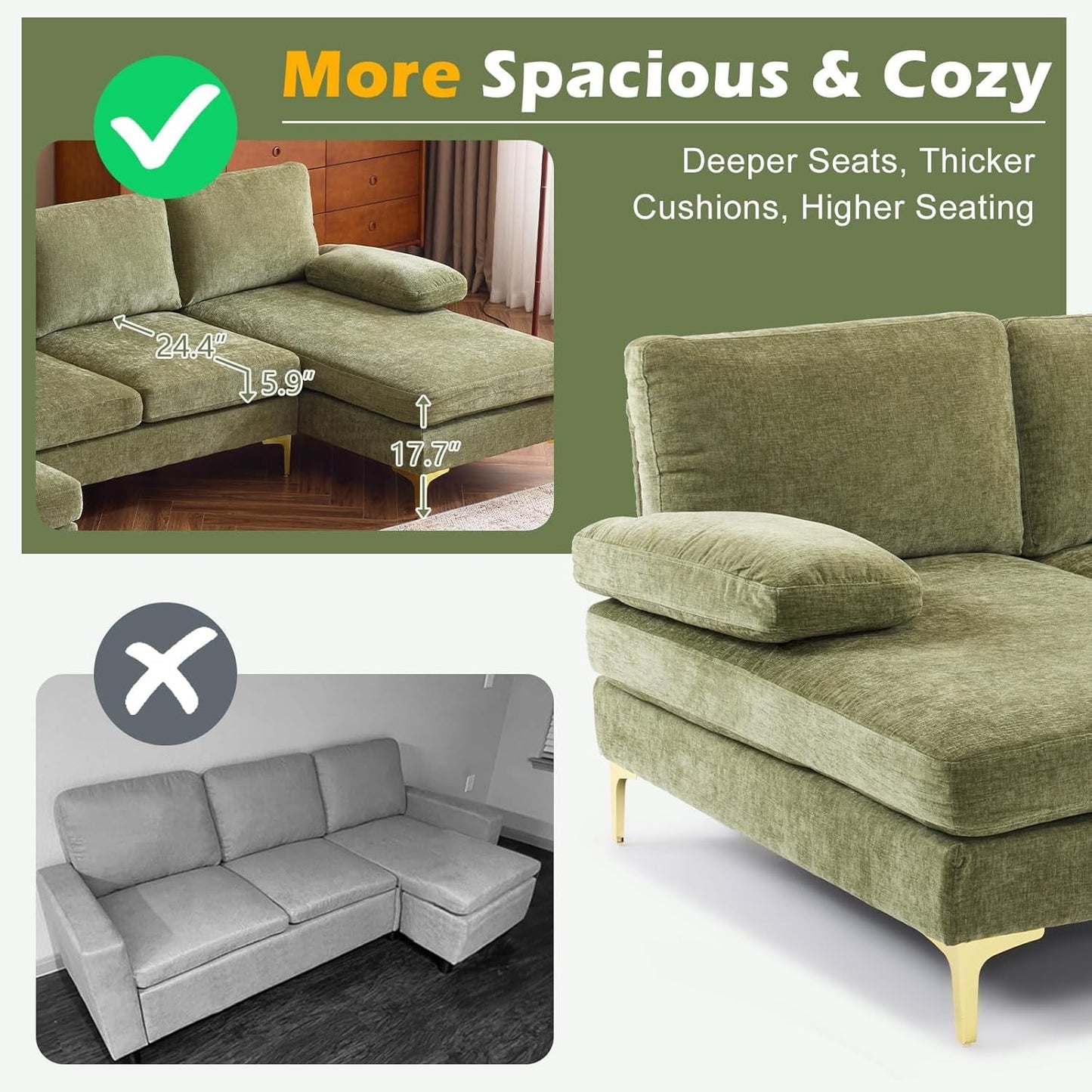 Olive Green 110" U-Shape Sectional Couch Double Chaise-4