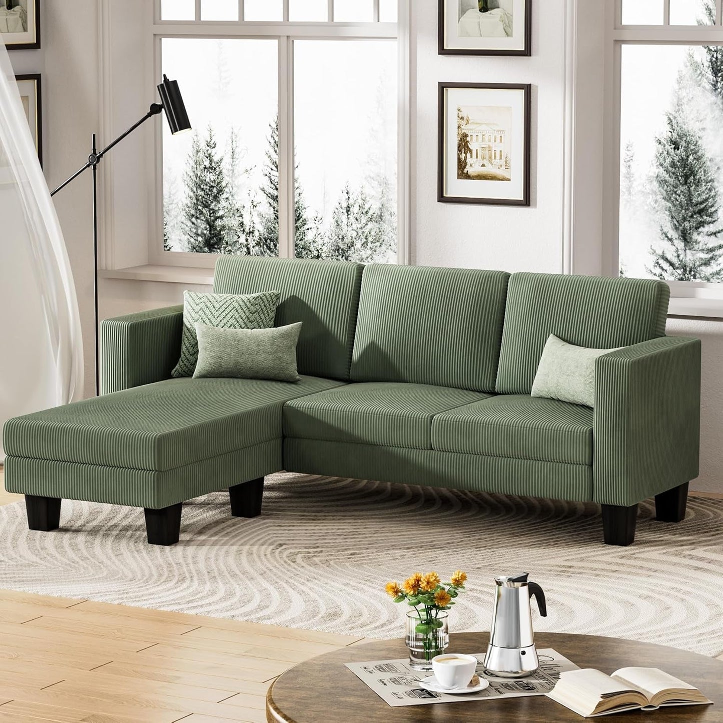L-Shaped Convertible Sectional Sofa 3 Seater with Corduroy Fabric, Complete with Mobile Footrest, for Living Room, Apartment and Office, 70", Green-2