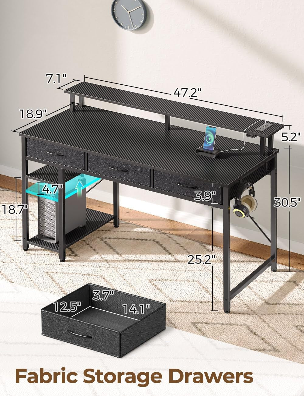 Computer Desk with Power Outlets & LED Light, 47 Inch Home Office Desk with 3 Drawers and Storage Shelves, Writing Desk with Monitor Stand, Modern Work Desk for Home Office, Carbon Black-2
