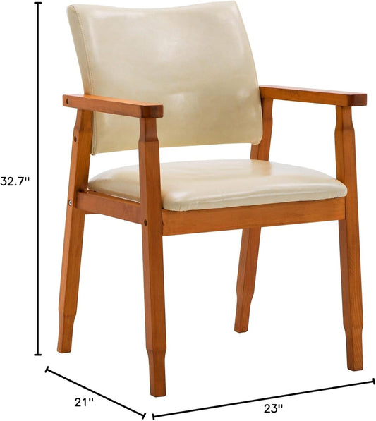 NOB Mid-Century Dining Side Chair with Faux Leather Seat in Beige, Handrail Chair-1