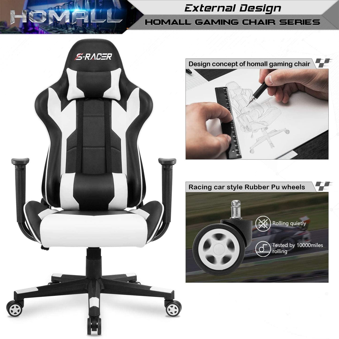 Gaming Chair, Office Chair High Back Computer Chair Leather Desk Chair Racing Executive Ergonomic Adjustable Swivel Task Chair with Headrest and Lumbar Support (White)-4