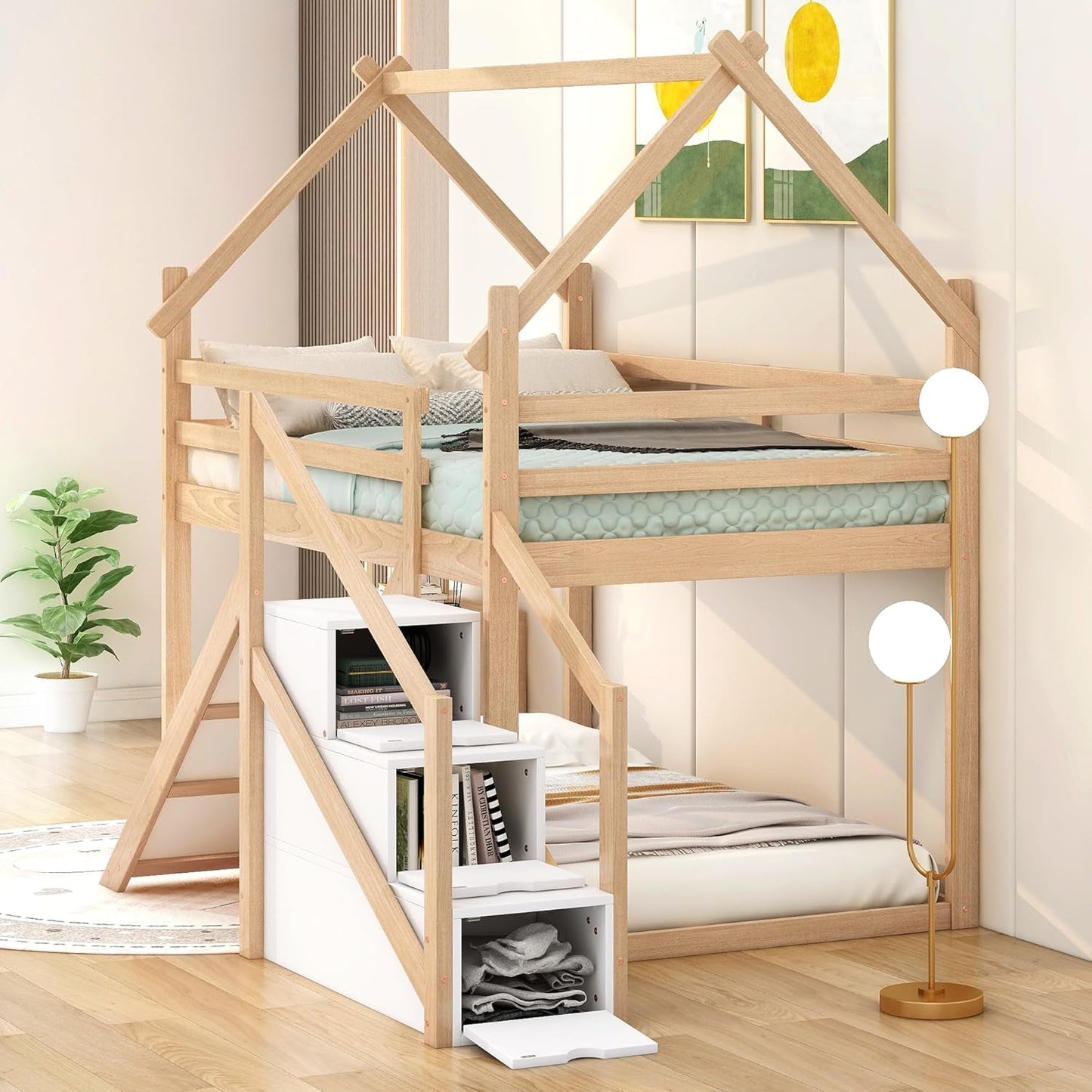 Twin over Twin Bunk Bed with Slide and Staircase, House Bunk Bed for Kids, Wood Loft/Bunk Bed Frame with Storage for Kids Teens Boys Girls, (Natural)-3