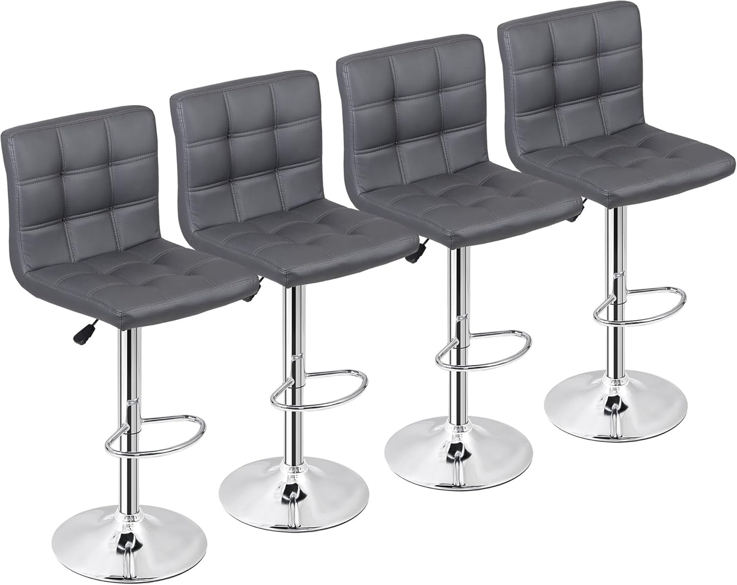 Set of 4 Adjustable Swivel Barstools, Modern PU Leather Kitchen Counter Bar Stools, Square Back Bar Stool (Grey)-0