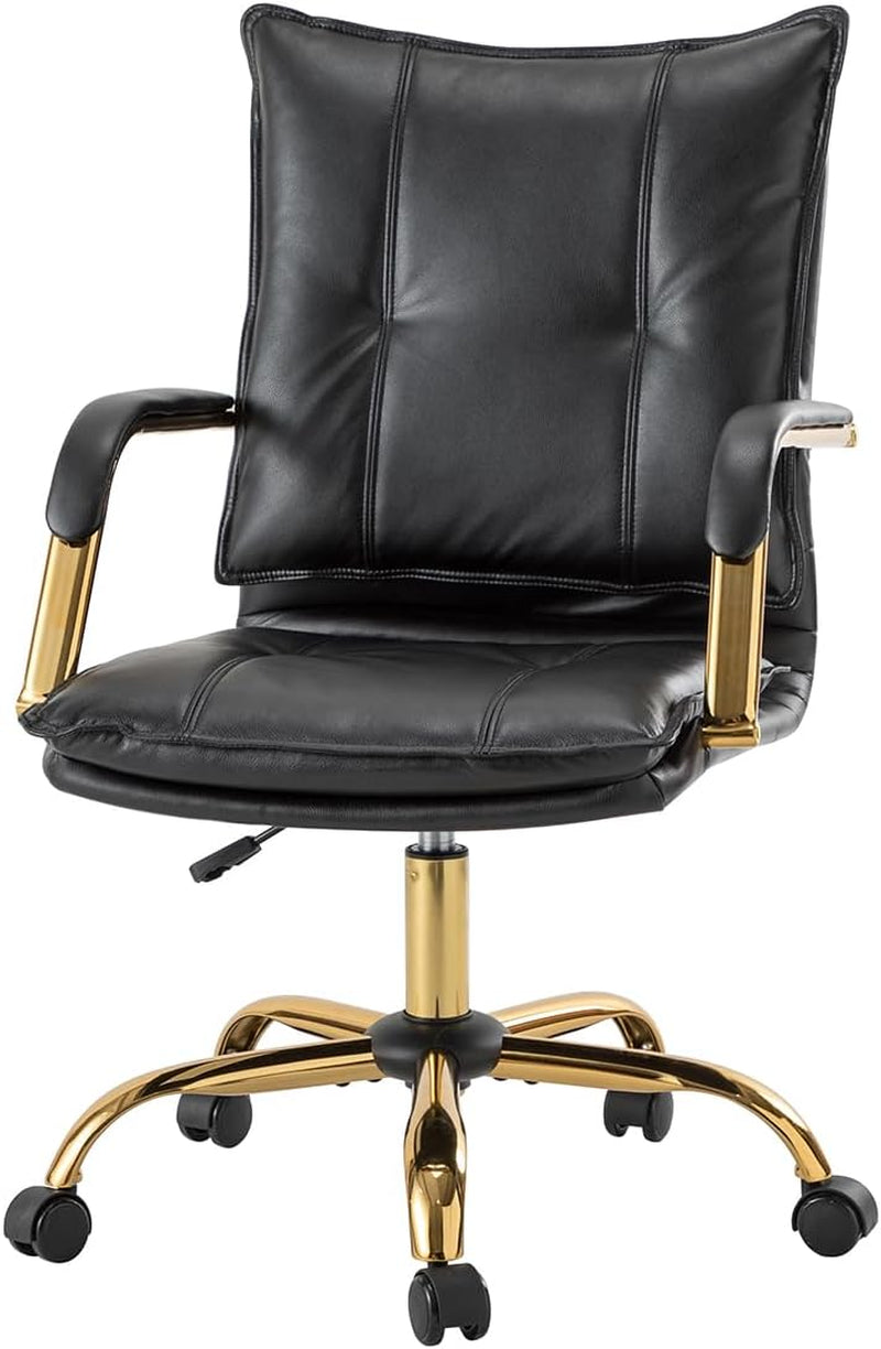 Faux Leather Home Office Desk Chair, Adjustable Swivel Computer Chair with Golden Legs and Arms, Comfy Upholstered Task Chair, Black-2