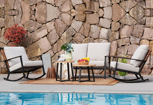 Outdoor Rocking Chairs, 5-Piece Leather-Look Patio Bistro Set Outdoor Furniture Conversation Sets with Loveseat, 2 Rocking Chairs and 2 Faux Wood Grain Coffee Table, 4.75'' Grey Cushions-1