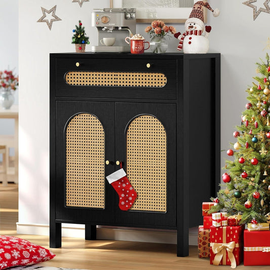 Black Rattan Door Buffet Cabinet with Drawers 36"-1
