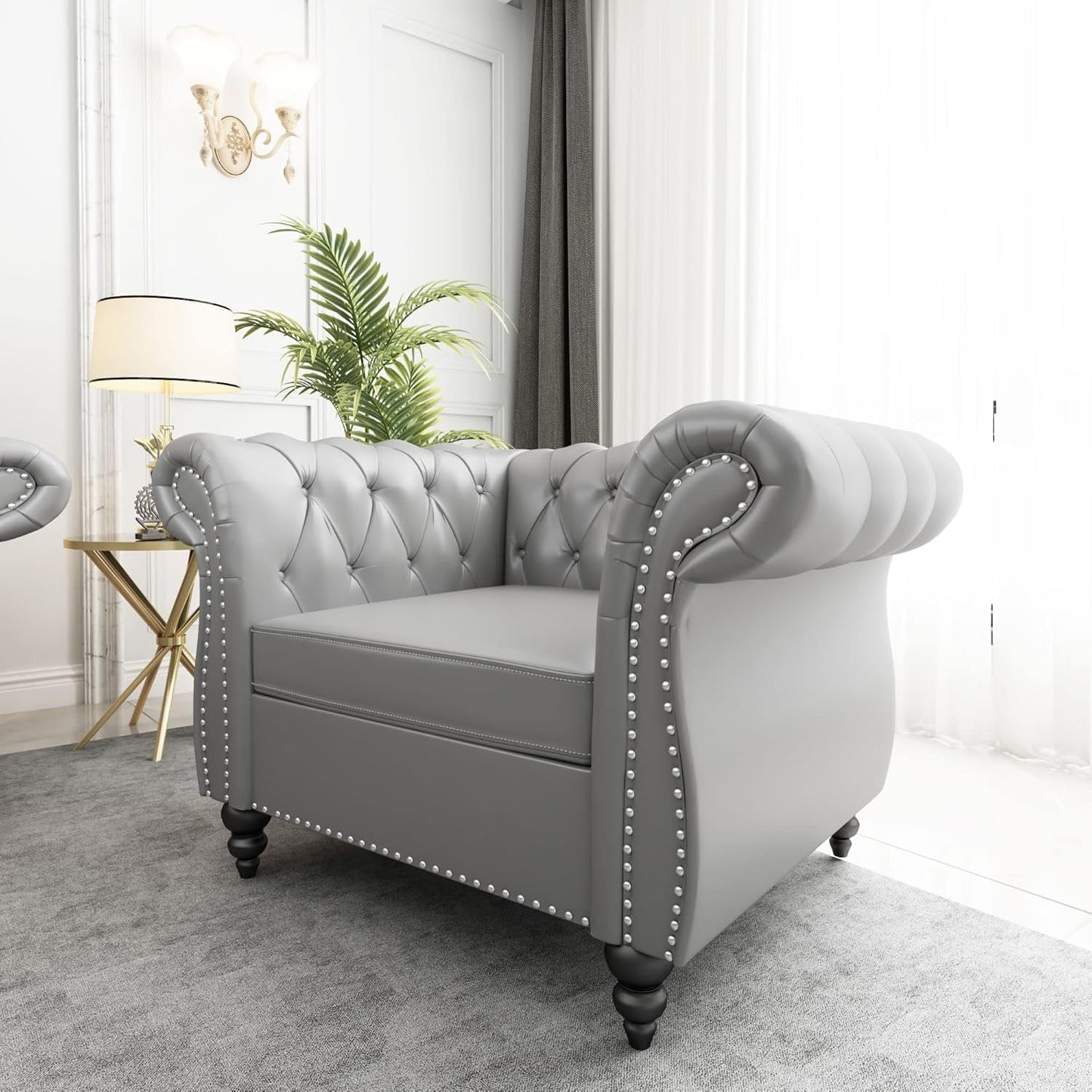 Chesterfield Leather Sofa Couch Chair Living Room Set-4