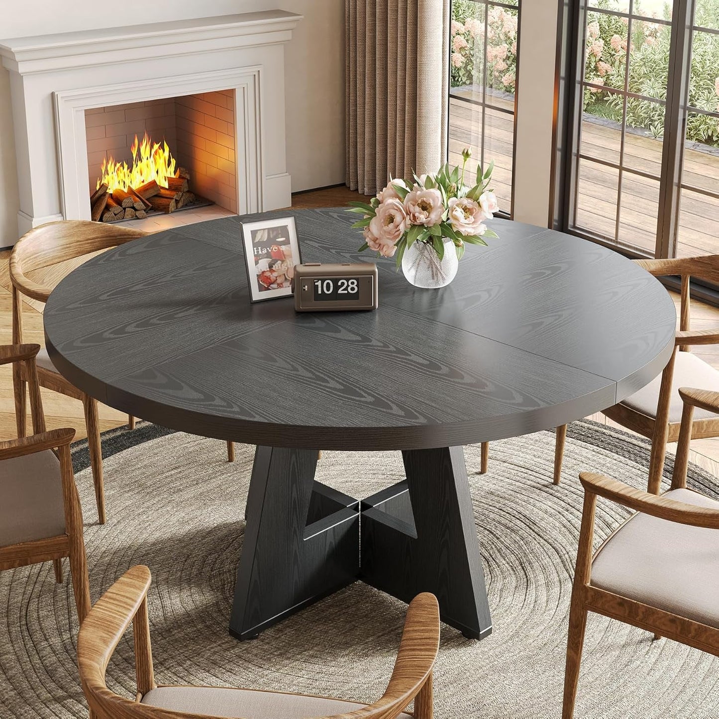 round Dining Table for 4-6 People, 47 Inches Dining Room Table with Wooden Pedestal Base, Black Dinner Table, Circle Kitchen Table for Dining Room, Kitchen, Living Room(Table Only)-4