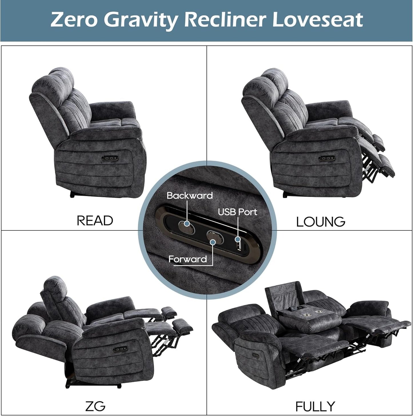 Zero Gravity Reclining Sofa Set, Power Reclining Living Room Set with Adjustable Headrest, Power Reclining Sofa and Loveseat Set with USB Port/Console/Cup Holders for Living Room(Grey)-3