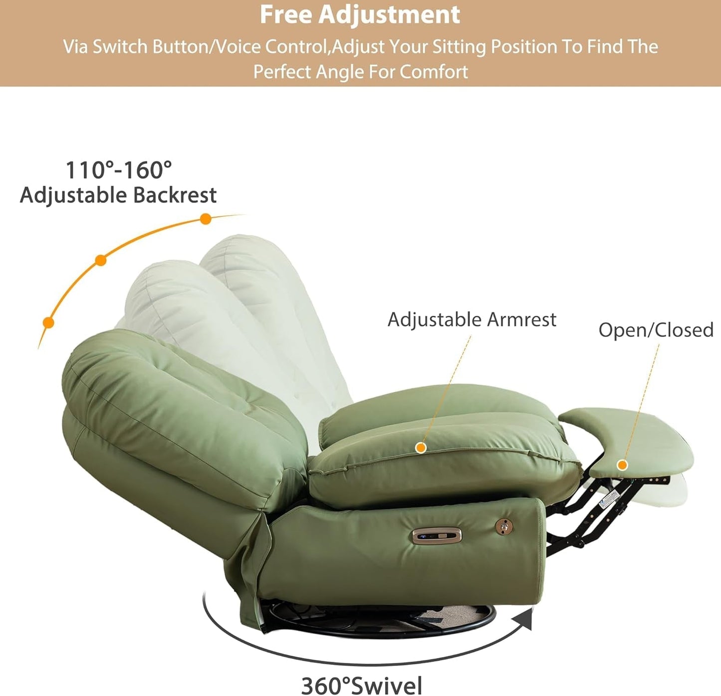 Power Swivel Glider Recliner Chair, Electric Lift Rocker Reclining Chair for Living Room with USB Charger Port, Phone Holder, Bluetooth Speaker, Voice Wake-Up Function, Faux Leather (Green)-3