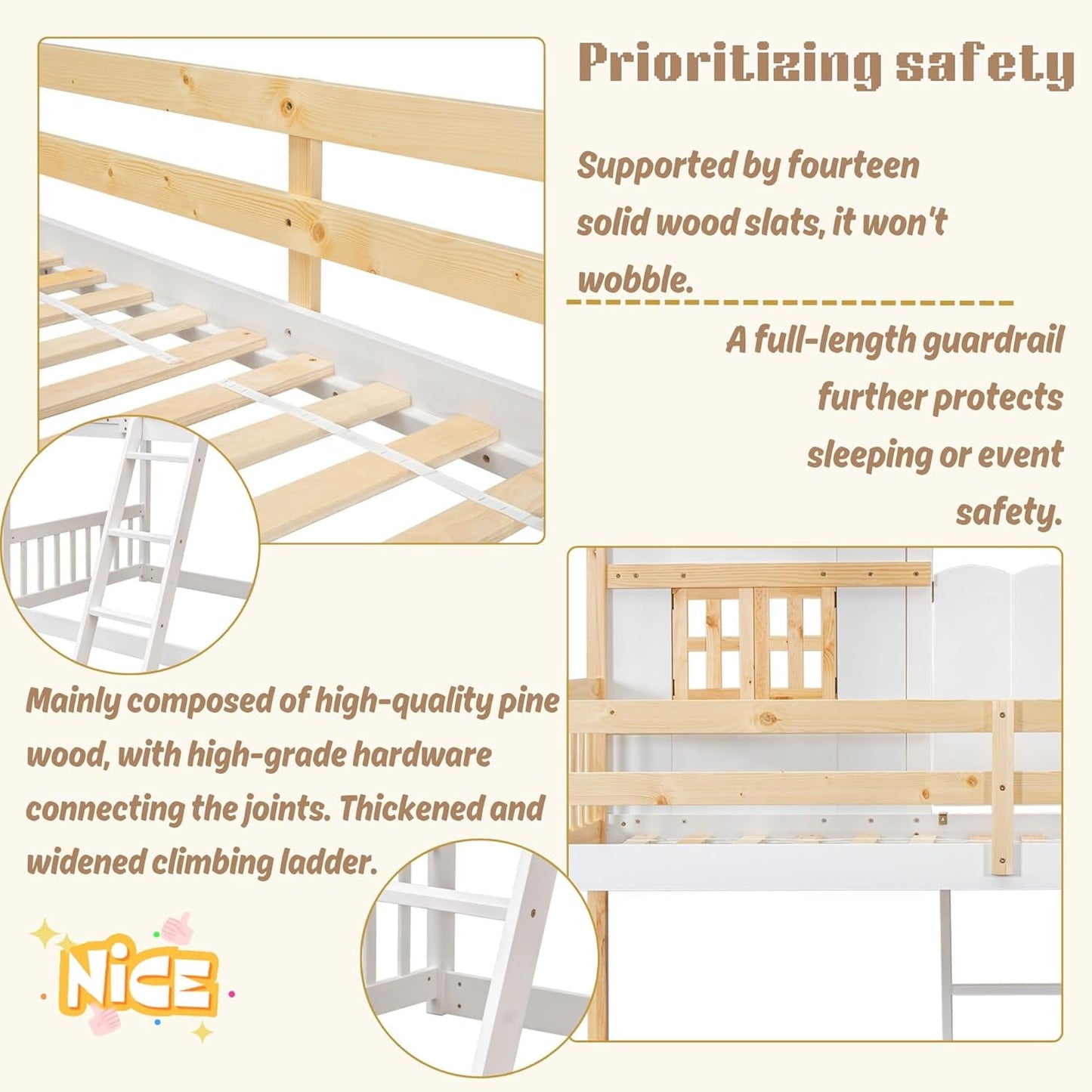 House Bunk Bed Twin over Twin for Kids, Wood Bunk Beds with Roof, Windows, Window Box and Small Door, Floor Bunk Beds with Ladder and Guard Rails for Girls Boys,Natural-4