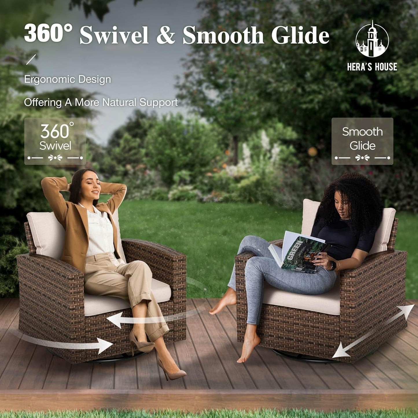 Patio Furniture Set with 56" Fire Pit Table, Swivel Rocker Chairs with Ottoman, Outdoor Wicker Conversation Set for Lawn Garden Deck Backyard, Beige-2