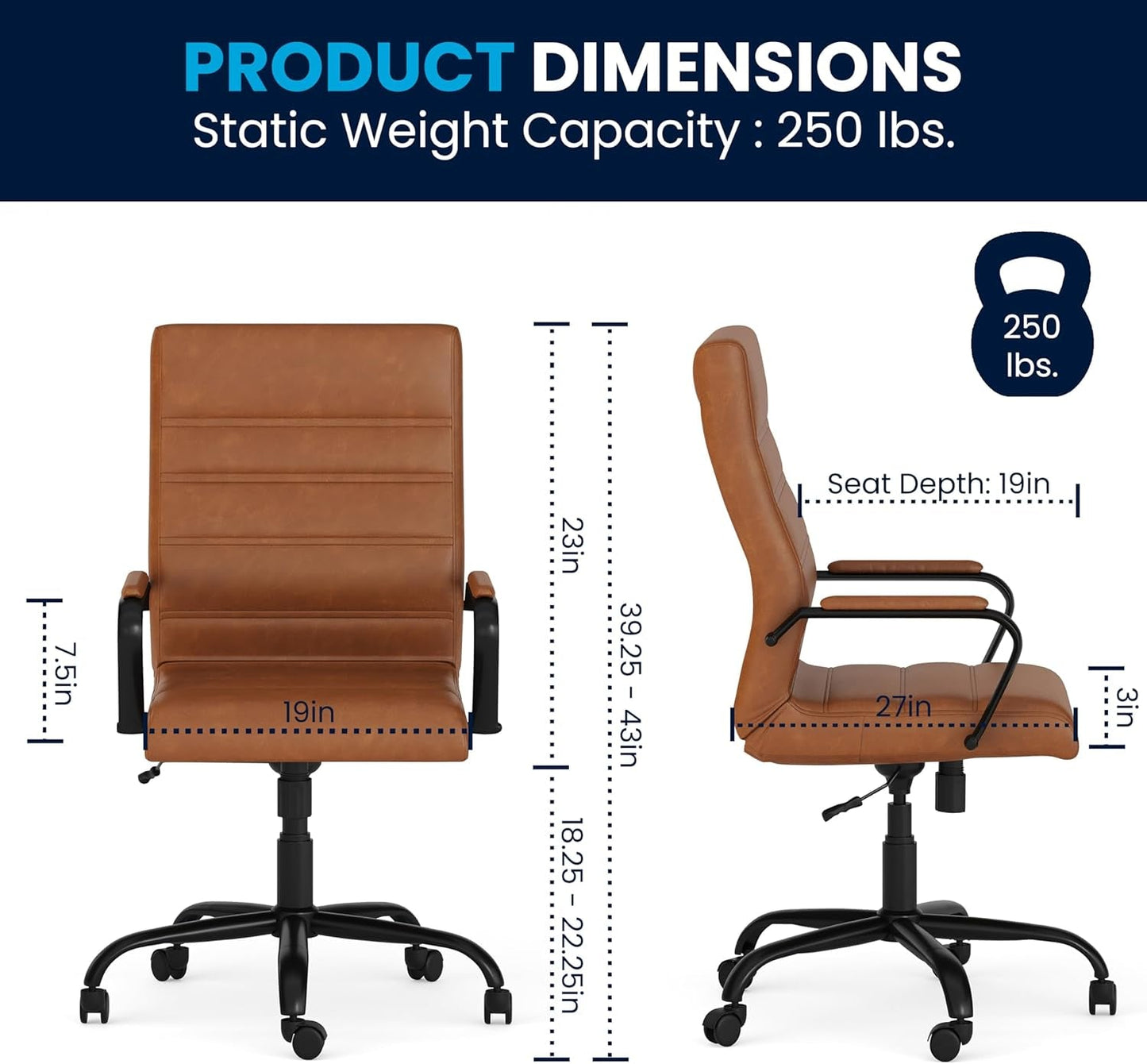 Whitney High-Back Swivel Leathersoft Desk Chair with Padded Seat and Armrests, Adjustable Height Padded Leathersoft Office Chair, Brown/Black Gold-2