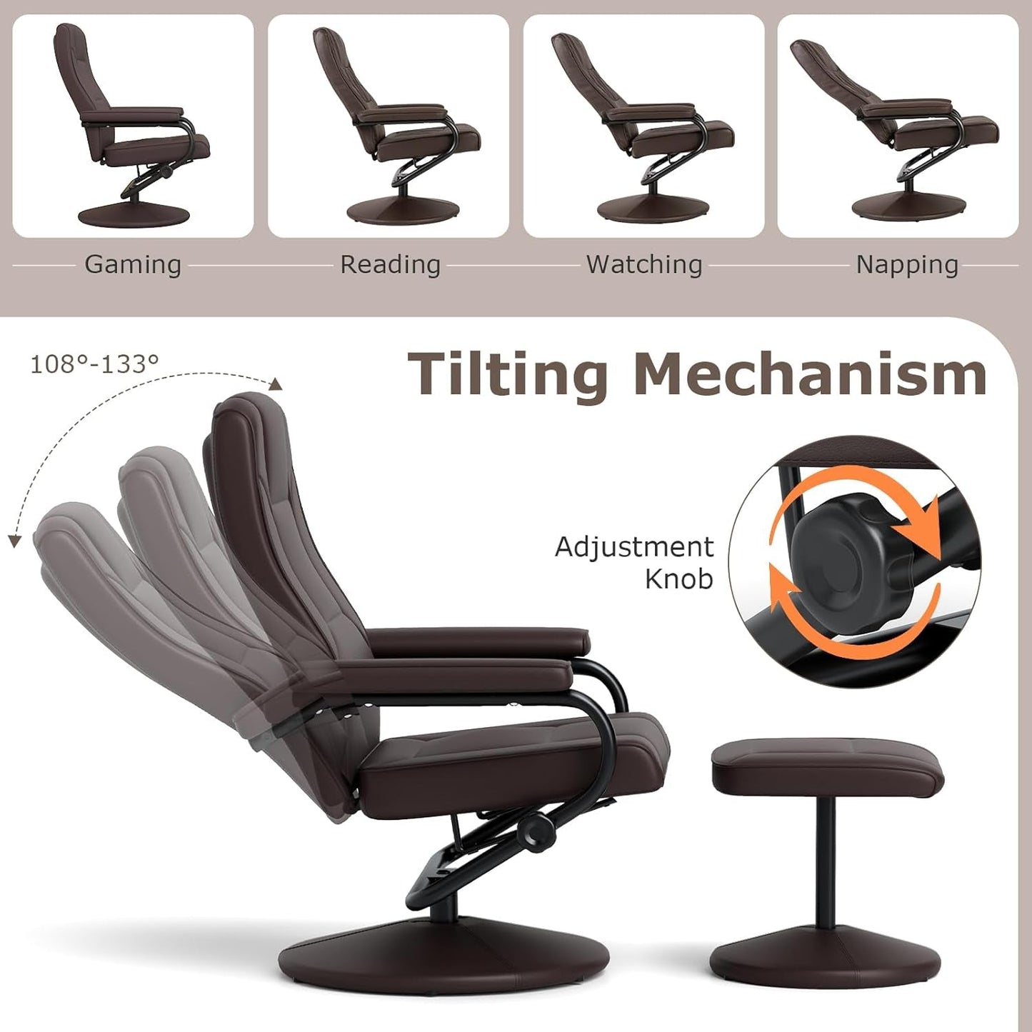Recliner Chair with Ottoman, 360° Swivel Faux Leather Reclining Chair W/Adjustable Backrest, Footrest, Sturdy Metal Base, Upholstered Armchair for Living Room Bedroom Study, Office, Brown-2