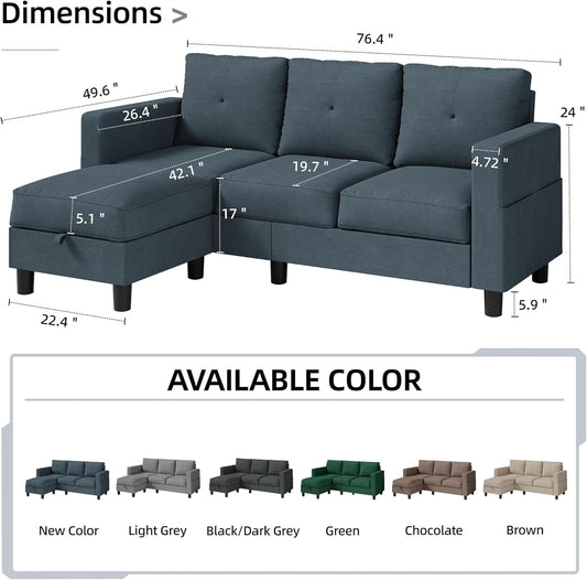 Convertible Sectional Sofa Couch,3 Seat L Shaped Couches with Storage Function Ottoman,Modern Linen Convertible Sectionals Sofas with Armrest Reversible Chaise for Living Room and Small Space-1