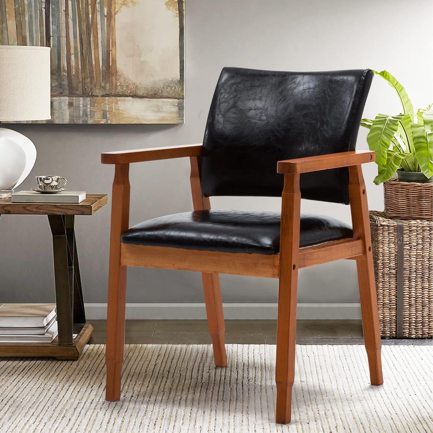 Mid-Century Dining Side Chair with Faux Leather Seat in Black, Arm Chair in Walnut-0