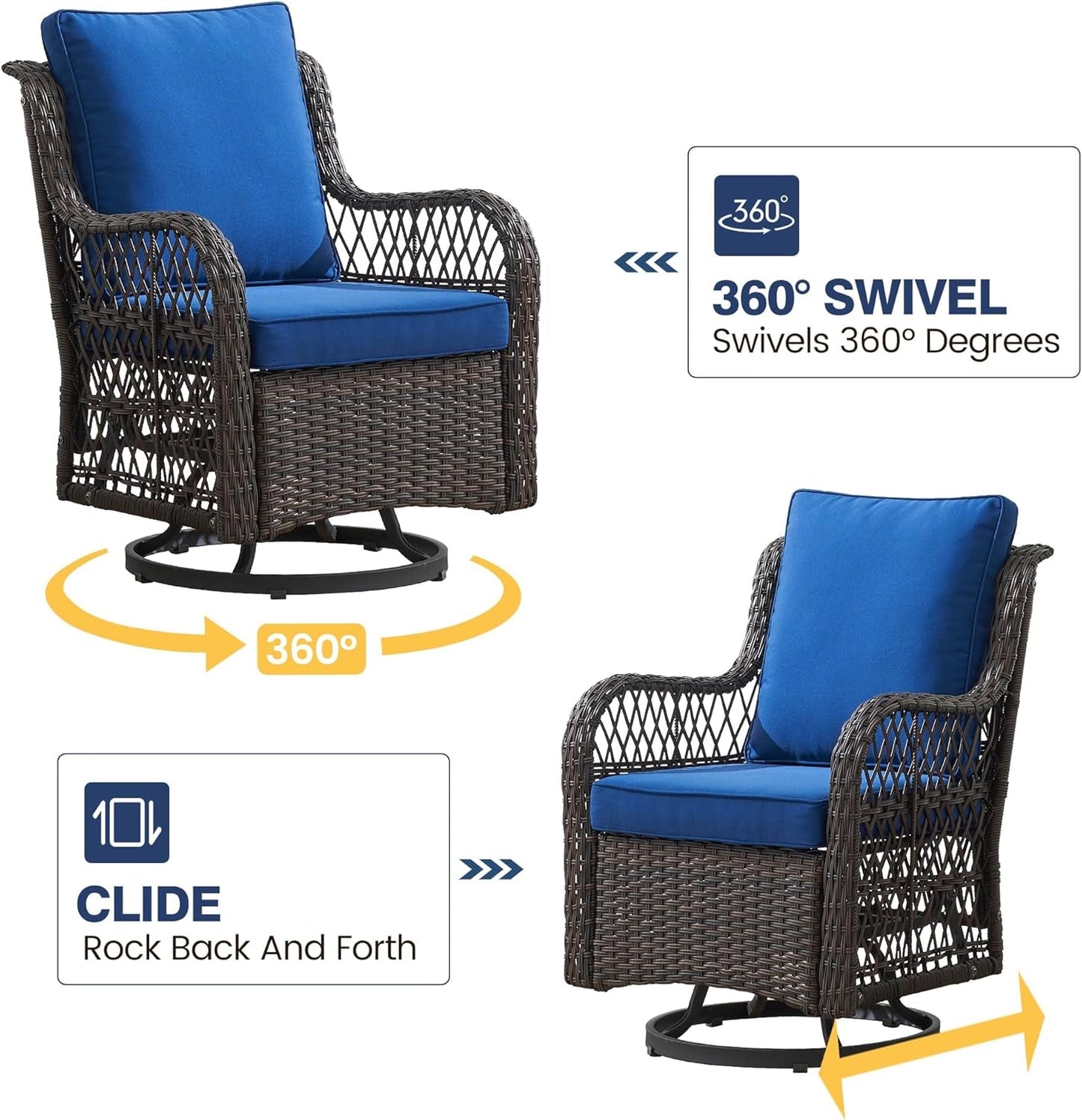 3 Piece Outdoor Patio Set, Wicker Rocking Bistro Set with 2 Swivel Chairs & Tempered Glass Top Table, Rattan Outdoor Furniture with Cushions for Patio Porch Backyard-2