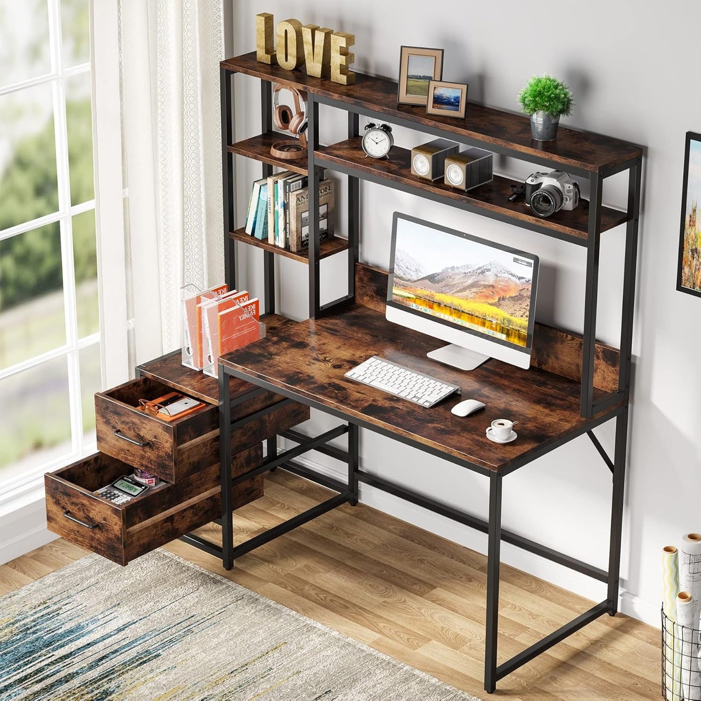 55 Inch Computer Desk with 2 Drawers and Storage Shelves, Rustic Office Desk with Hutch, Study Writing Gaming Table Laptop Workstation for Home Office (Brown)-2