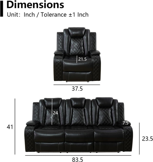 Power Black Leather Reclining Sofa Set with LED Light for Living Room Set,Theater Seat Recliner Chair 3 Seats Double Recliner Sofa with Drop-Down Table/Read Light/Wireless Charge/Usb Port-1