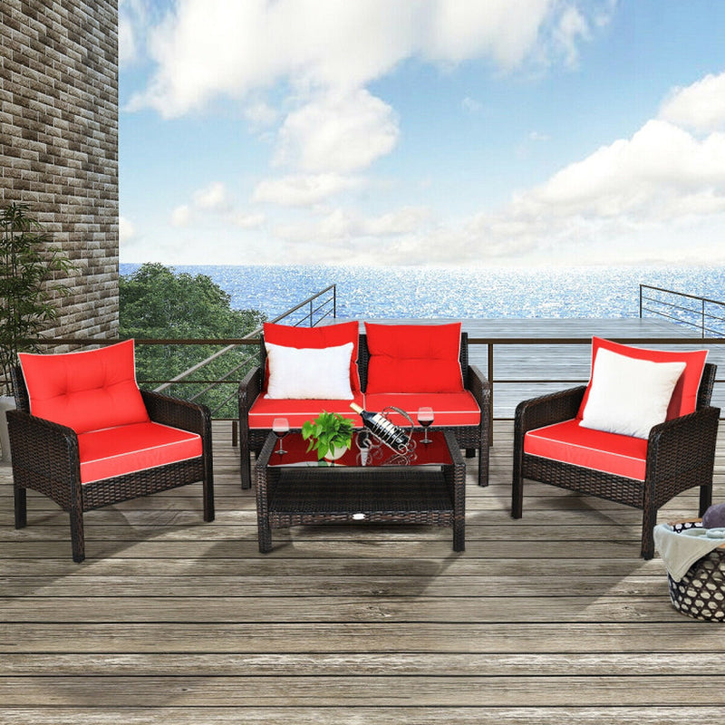 4 Pieces Patio Rattan Sofa Set Free-Combination with Cushion and Coffee Table-4